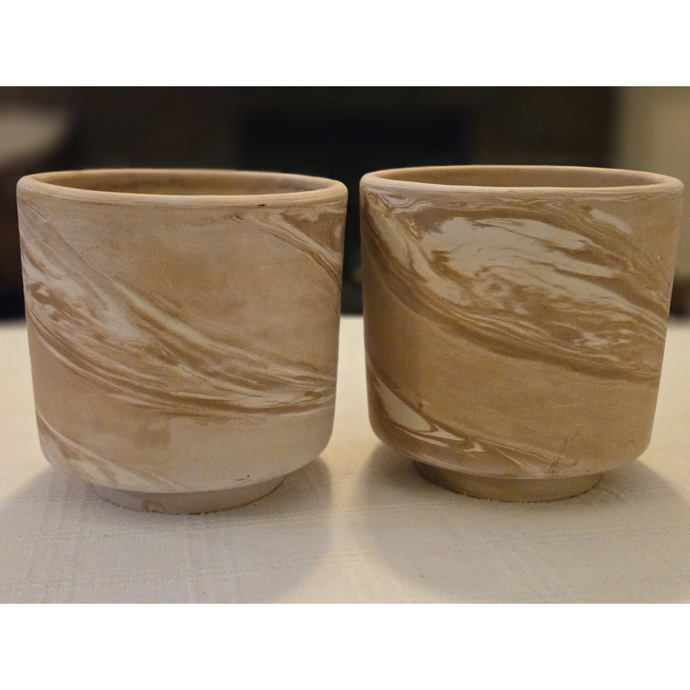 Set Of 2 Handmade Terra Cotta Swirl Round Footed 4" Planters Made In Italy Nice